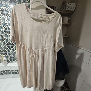 Tan Pleated Dress with Round Neckline